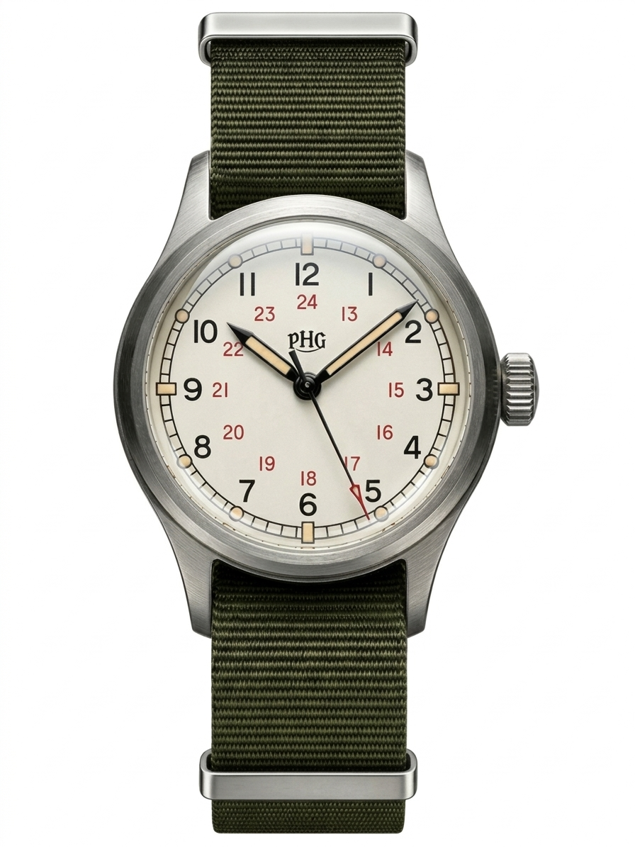PHG Field 36 COSD-44 field watch with ivory dial and red 24-hour scale on olive green NATO strap
