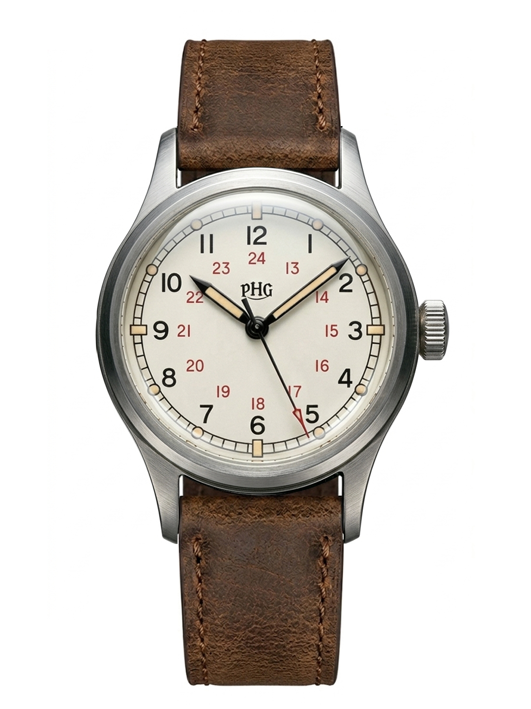 PHG Field 36 COSD-44 field watch with ivory dial and red 24-hour scale on brown leather strap
