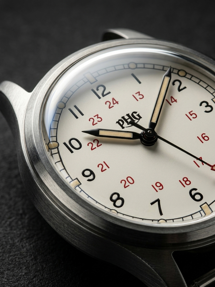 Close-up of the COSD-44 dial: black Arabic numerals and red 24-hour scale on an ivory ground